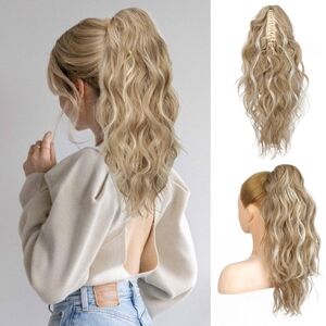 Ponytail Extension • Claw‎ Clip • Wavy Curly • 18” • Honey Blonde Highlights